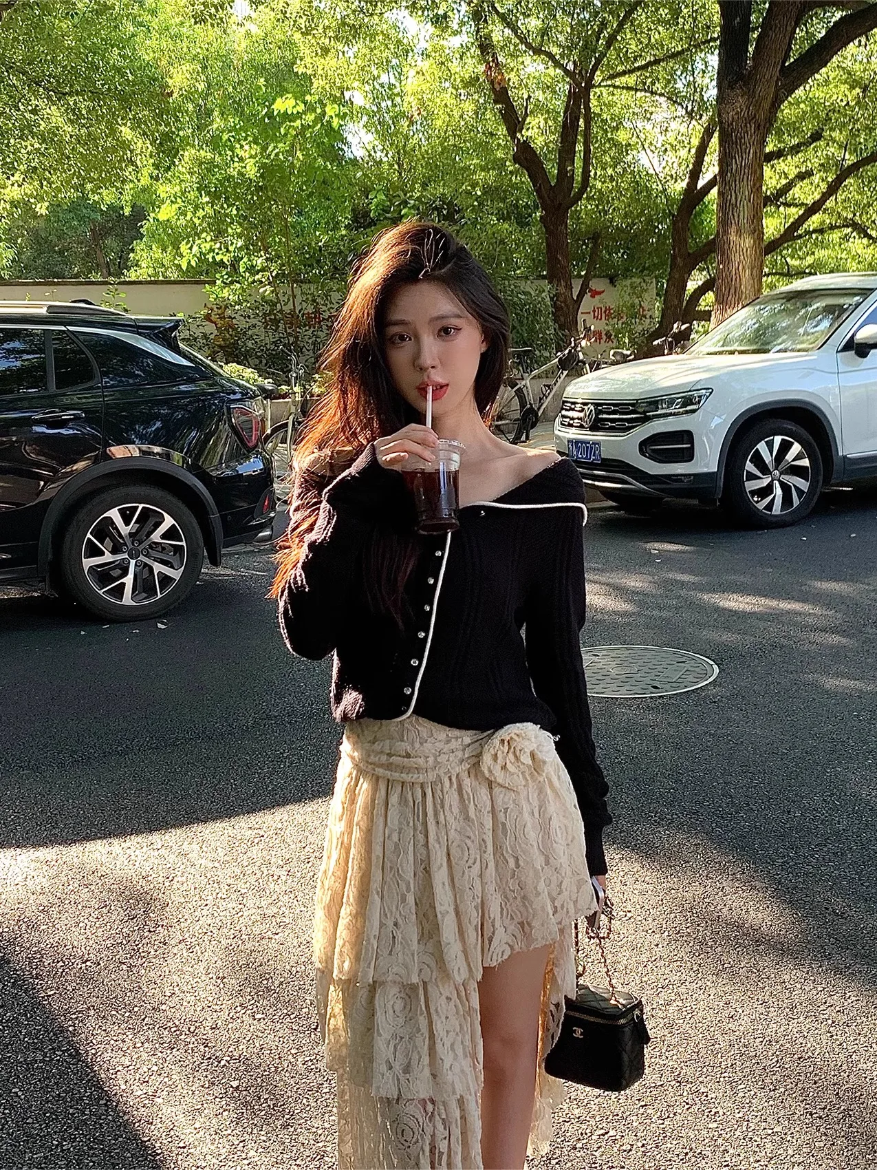 

EU IIWAN Bla-oulder Two-Way Knitted Open Cardigan Women's New Design Sensation Color Colion Top Women