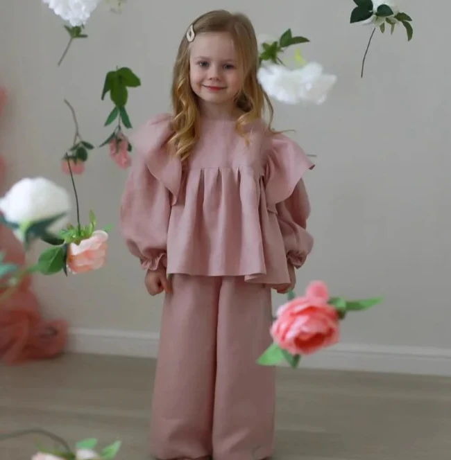 Girls Set 2026 New Russian Spring and Autumn Girls Linen American Ruffle Blouse Nine Leg Pants Two Piece Set
