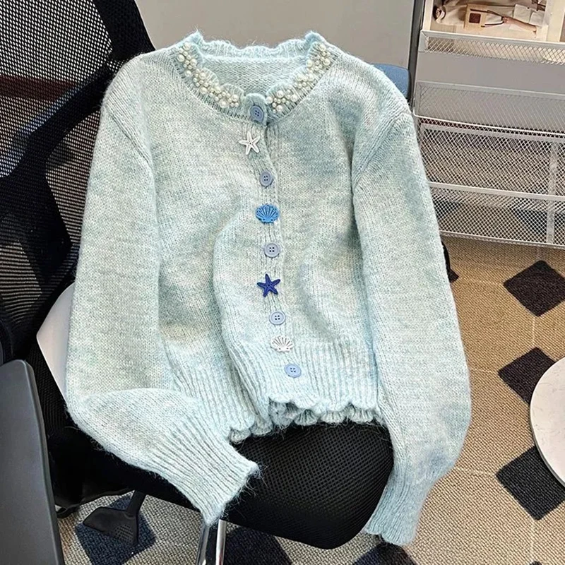 

Chic Button Knit Cardigan Women Sweet Beading Long Sleeve Soft Gentle Sweater Spring Autumn O Neck Cute Casual Preppy Solid Tops