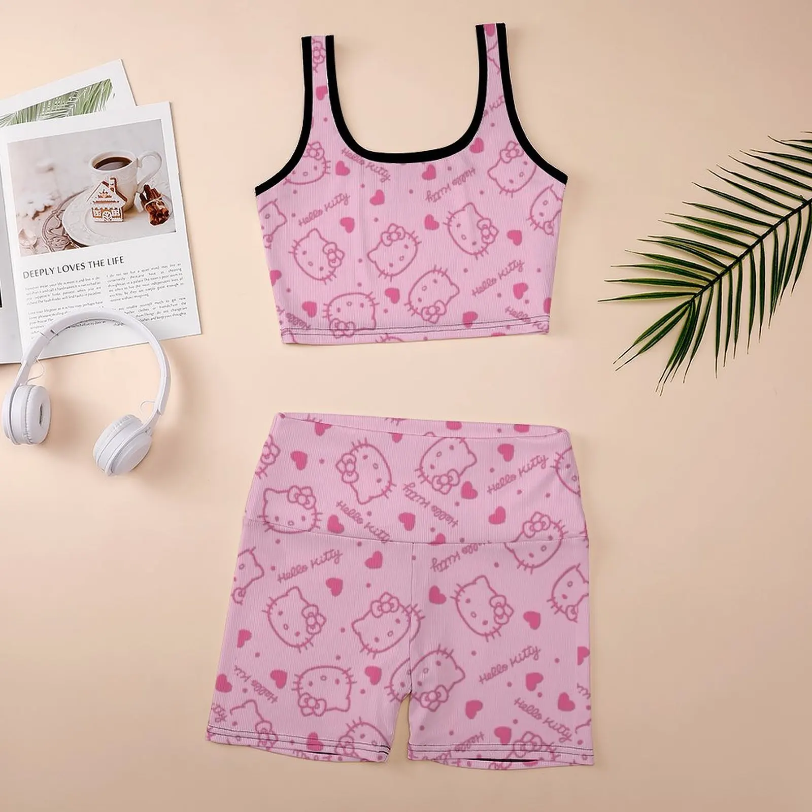 Hello Kitty Yoga Set Womens Sanrio Cartoon Cat Yoga Wear Cute Sports Bra Leggings Set Fashion Tank Top and Shorts view 5