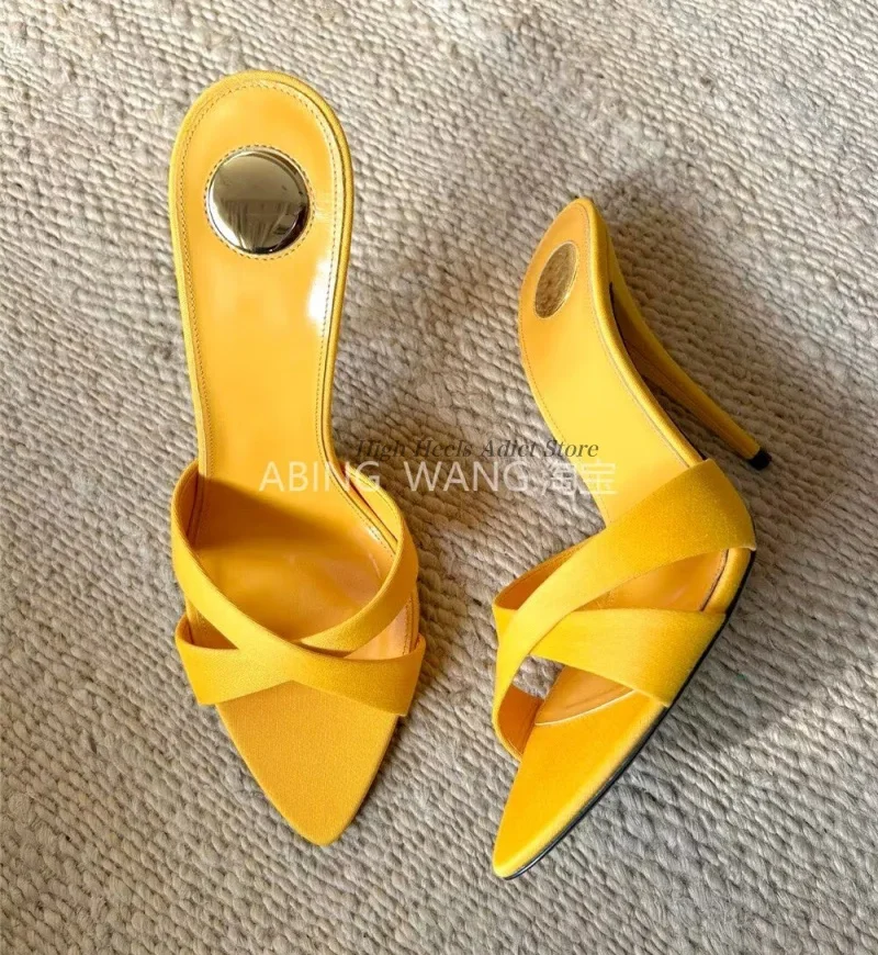 Sexy purple pointy toe satin sandals for women 2026 New stilettos yellow/black leather big size slippers party dress high heels view 2