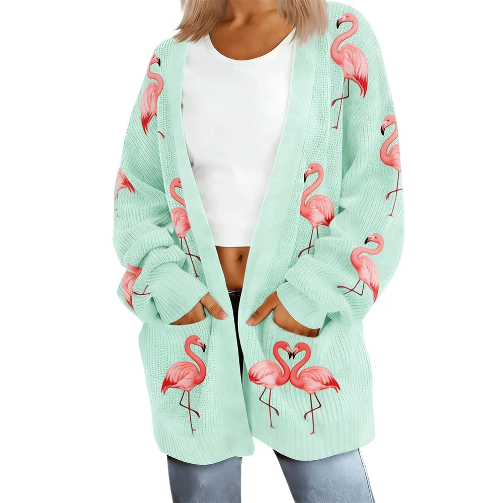 Flamingo Pattern Knit Cardigan Open Front Long Sleeve Sweater Loose Fit with Pockets Casual Outer Garment for Fall Winter