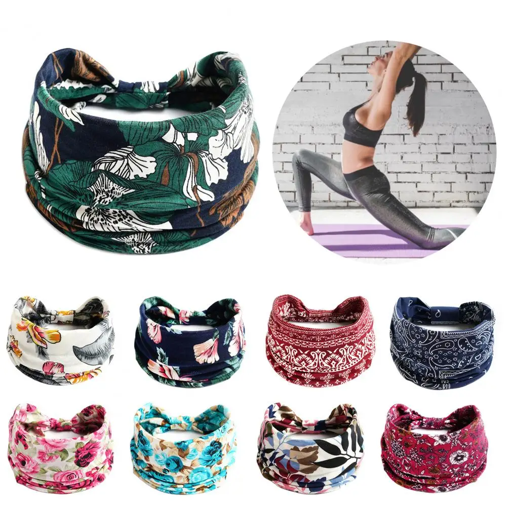 Women Bandana Fashion Boho Flower Print Wide Headbands Sweat Absorption Bohemian Gym Headband Sweatband Yoga Hair Accessories