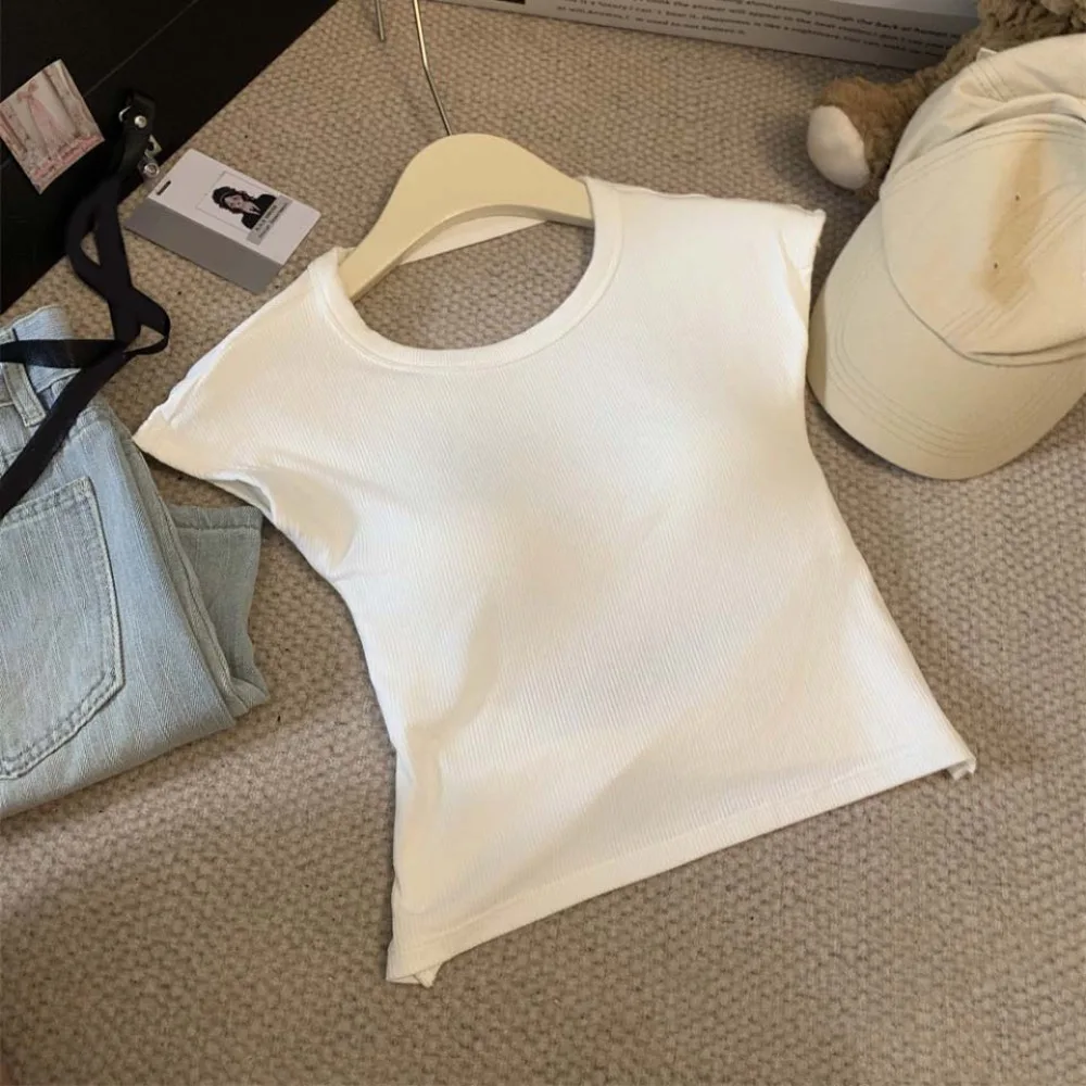 

Elegant Hollow out Beauty Back T-shirt Y2k Round Neck Slim Crop Tops Short Sleeve Bottoming Shirts Vest with Pads Female