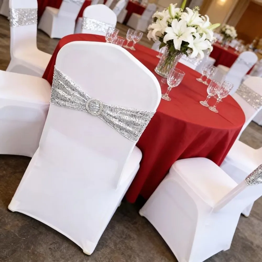 1PC Rhinestone Ring Buckle Sequin Chair Sash No-Tie Design Sequin Embellishment Stretch Chair Cover Stretch Elastic