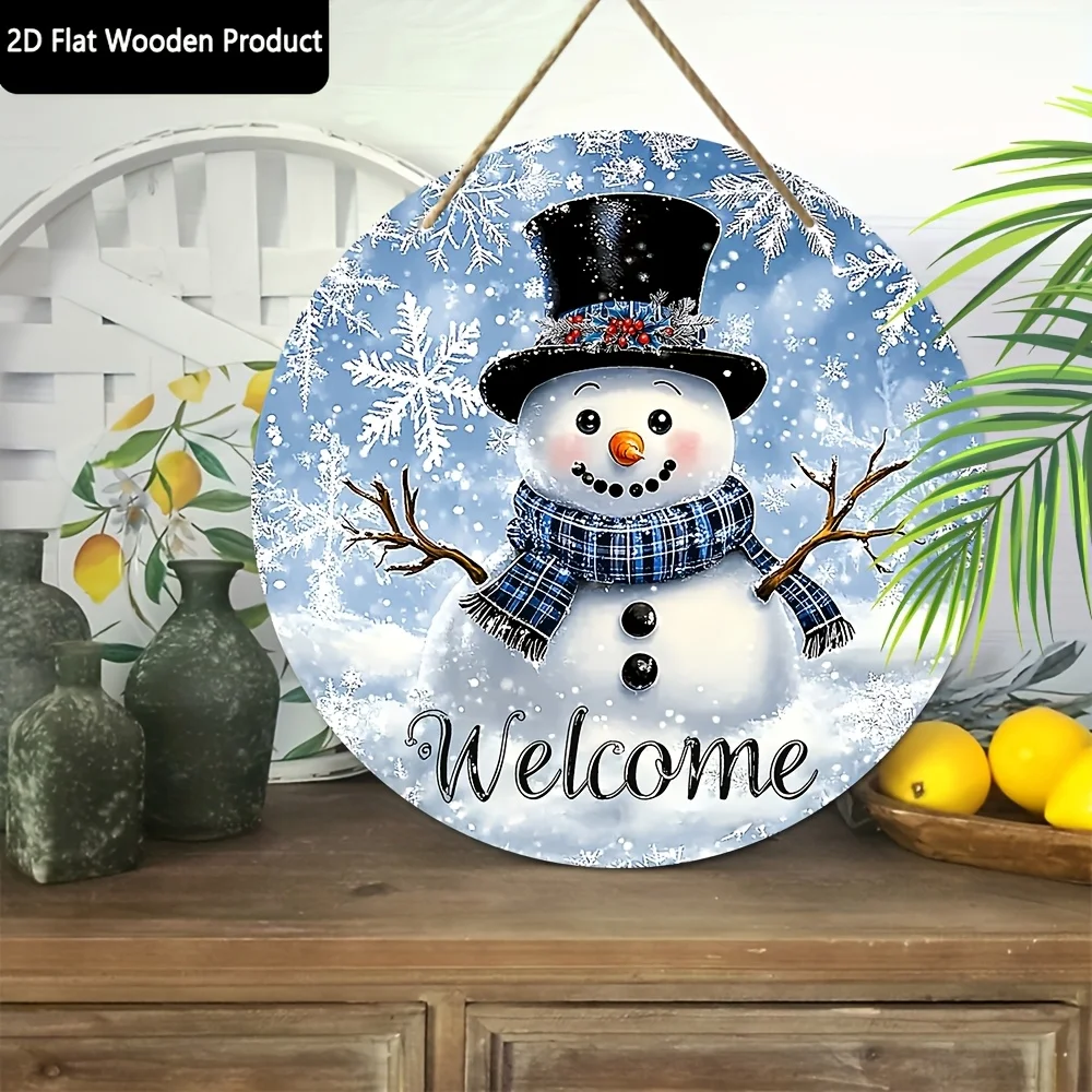 قطعة واحدة من لافتة ترحيب رجل الثلج الخشبية - ديكور جدار عطلة الشتاء لعيد الميلاد، لا حاجة للكهرباء، باب ندفة الثلج الاحتفالي المعلق لـ #6