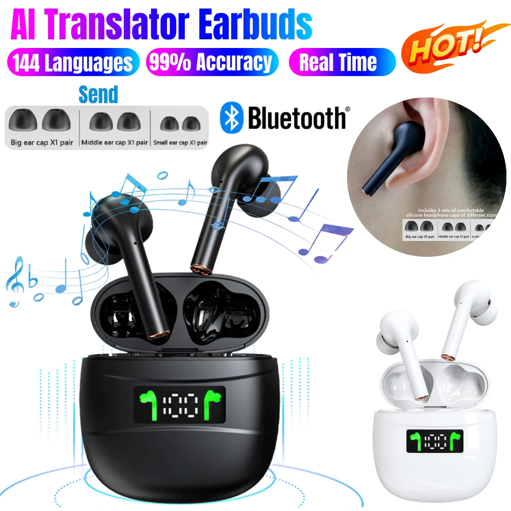 Real-time 144 Languages Translator Earbuds 99% Accuracy Instant Voice Language Translator AI Headphones Translation Earbuds