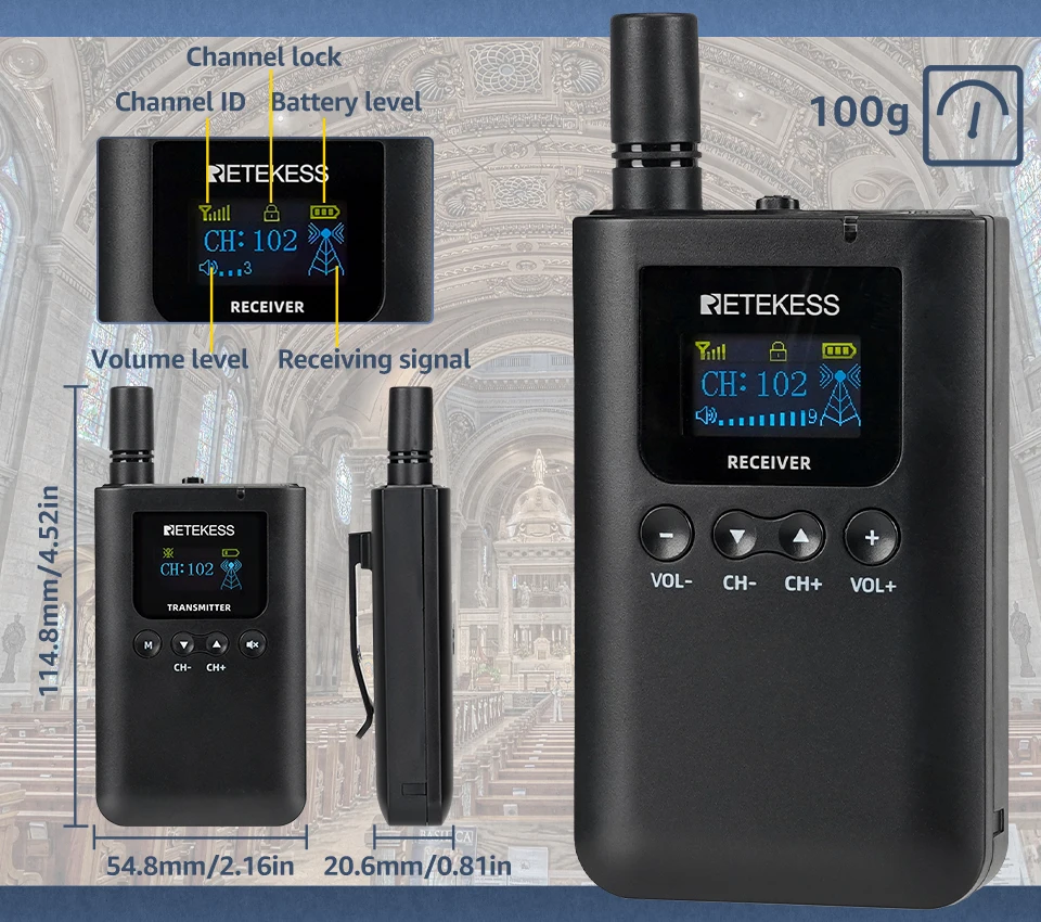 Retekess tt125 Drahtloses Tour Guide Headset System, Audio-Dolmetschersystem, Drahtloses Audiosystem, Flüster Tour Guide System, Kirchendolmetschersystem für Führungen, Bildungs- und Schulungssystem für Werksbesuche – Detail 10