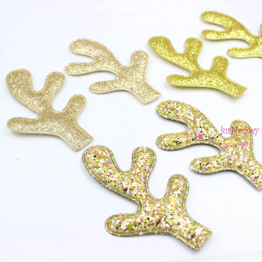 25 pairs/lot Glitter Reindeer Antlers Gold fabric W/ Sponge Padded Buckhorn applique for Christmas decor,Craft DIY