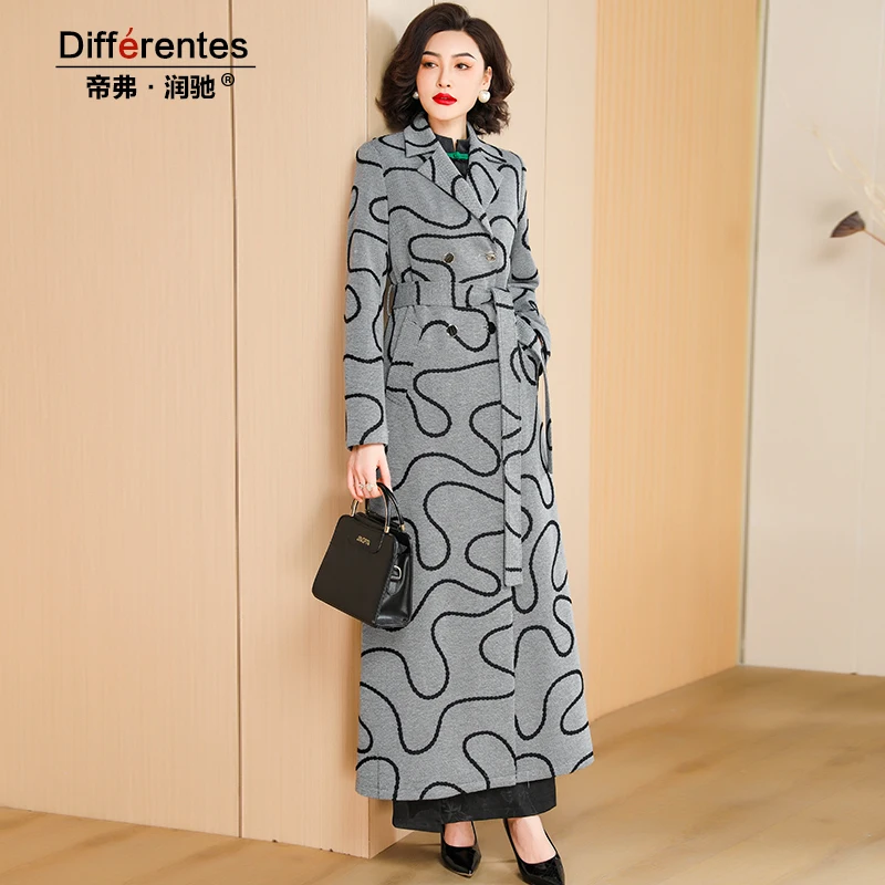 

2025 Winter Wool Long Coat Casual Embroidery Grey Jacket Wool & Blends Women Overcoat Vintage Runway Elegant Double Breasted