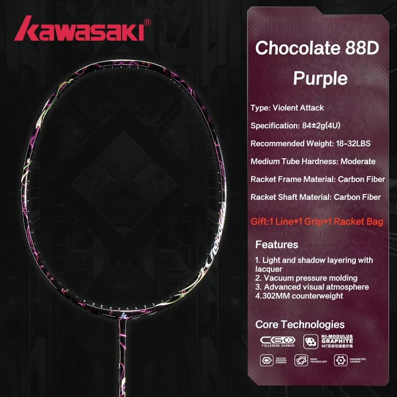 Kawasaki CHOCOLATE 88D Badminton Racket 4U Krachtige Smash 18-32LBS Head Zware badmintonracket