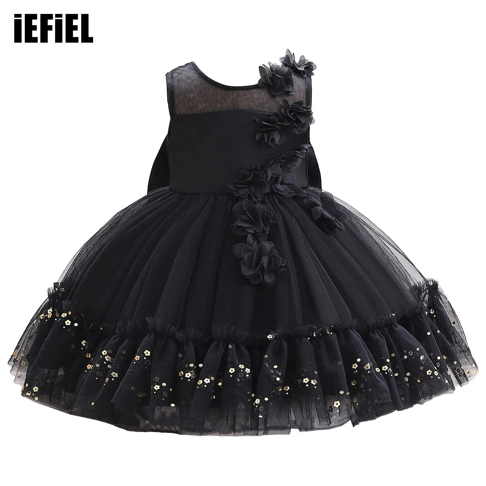 Baby Kids Girls Formal Gown Bow Princess Dress Sleeveless Flower Sequins Pageant Wedding Birthday Party Stage Performance Dress