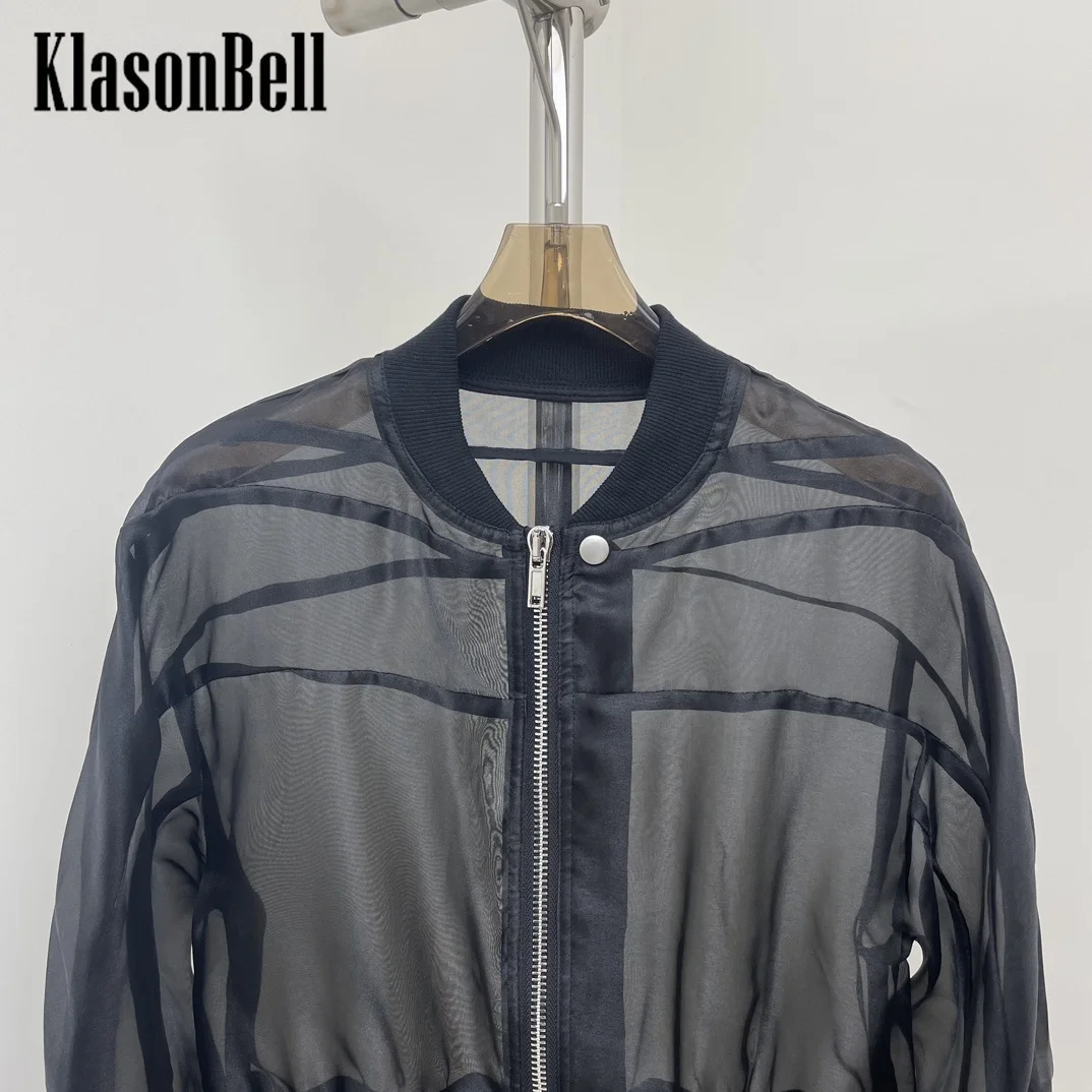 8.27 KlasonBell Women Clothes Black Organza Sheer Sun Zipper Short Jacket Ribbed Spliced Stand Collar Long Sleeve Thin Coat