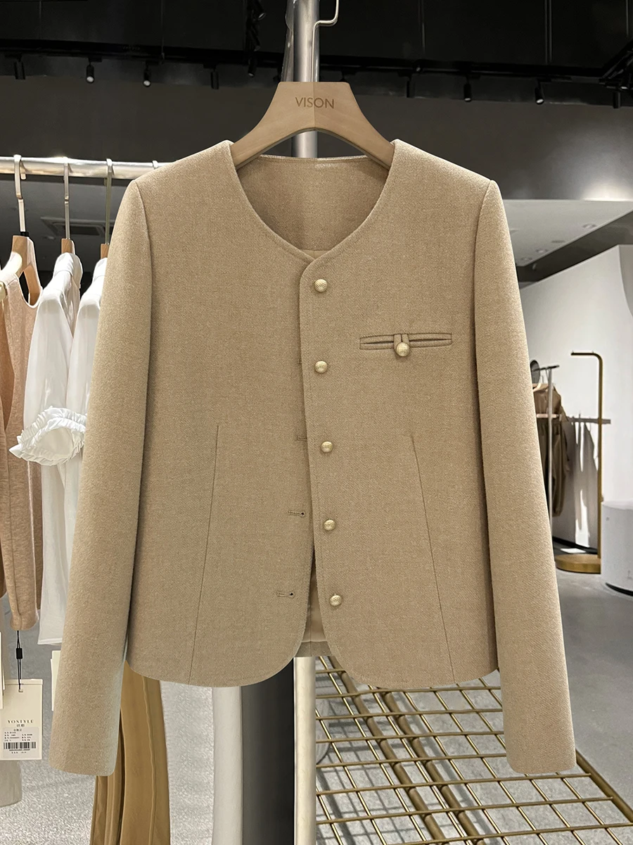 

Caramel ort Woolen Coat Women's Autumn Winter Faion Straight Cut Single Button Long Sve round Ne Classic Sle
