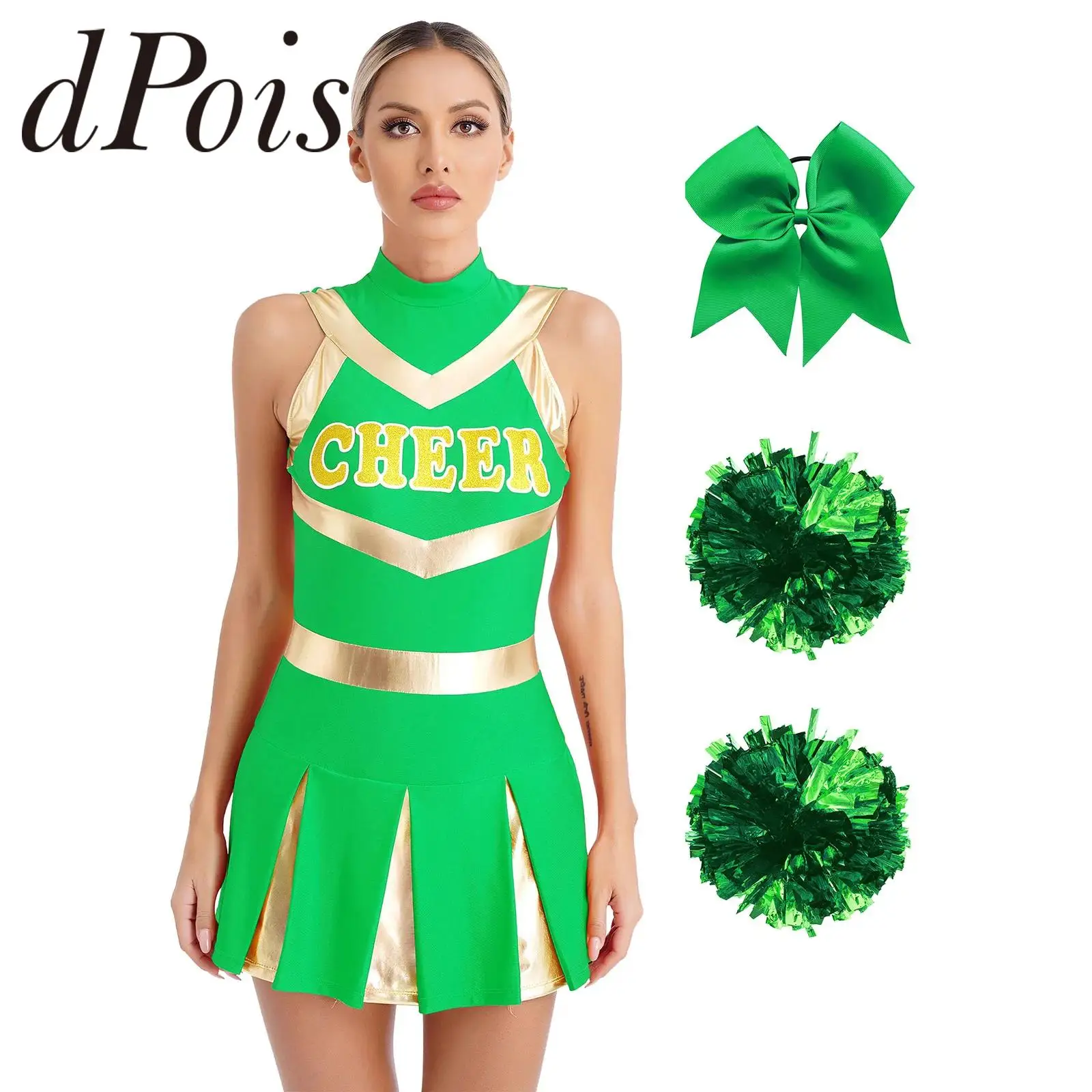 Womens Cheerleading Costumes Sleeveless Cheer Dance Dress Bowknot Hair Band Flower Balls Cosplay Cheeleader Outfits Teamwear