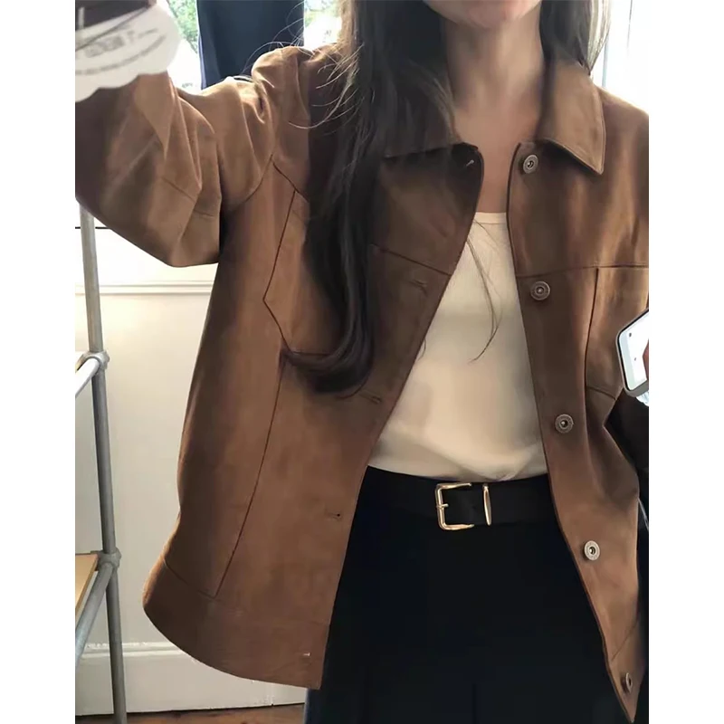 Jaqueta fena estilo retrô americano, manga crida, roupa de trabalho, ajuste solto, bolso duplo, gola virada para baixo...