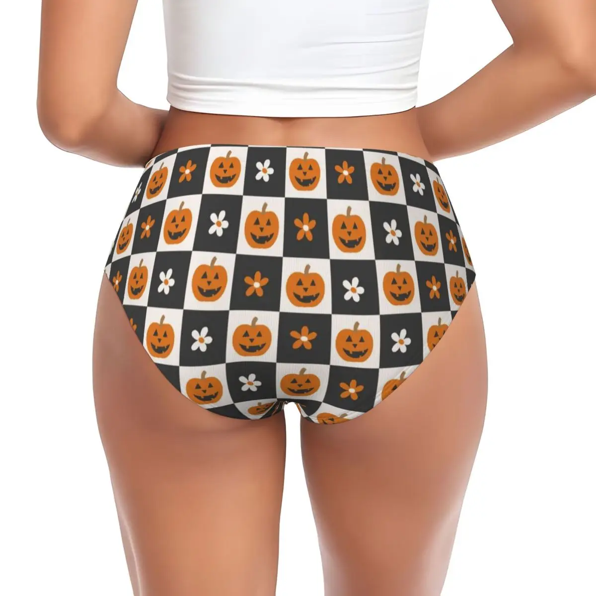 Custom Women's Halloween Checkers Pattern Pumpkins Brief Panties Female Comfort Underwear Underpants