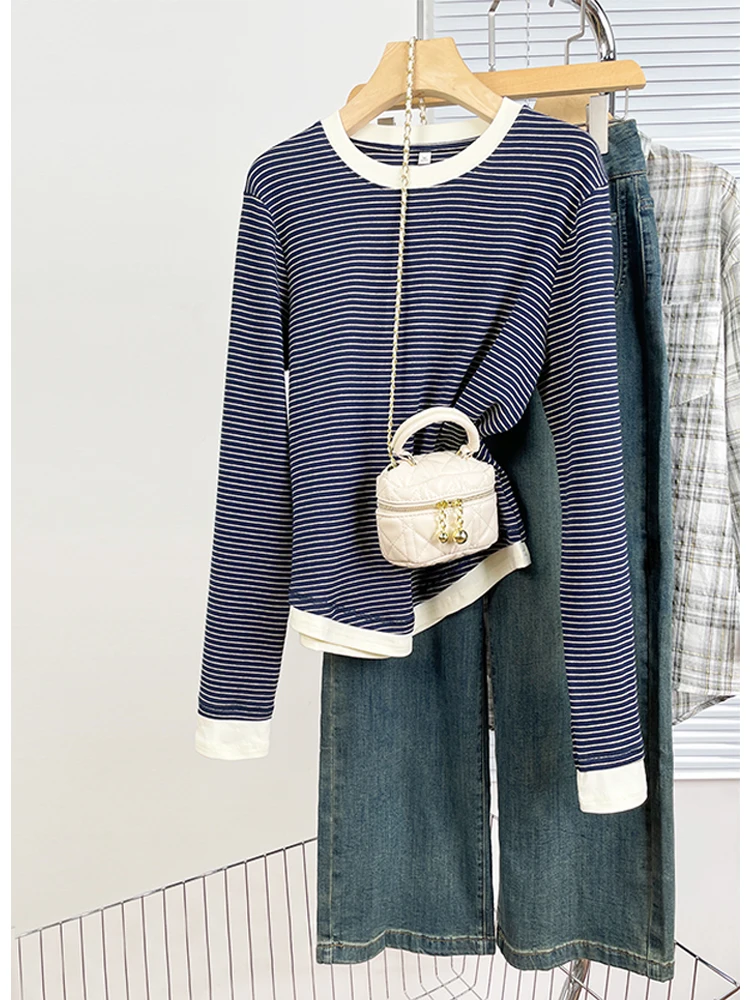 اللون Blo مخطط فضفاض صالح قاعدة irt ملابس داخلية المرأة Faion الفرنسية Sle تخفيف عادية القطن طويل Sve تي شيرت