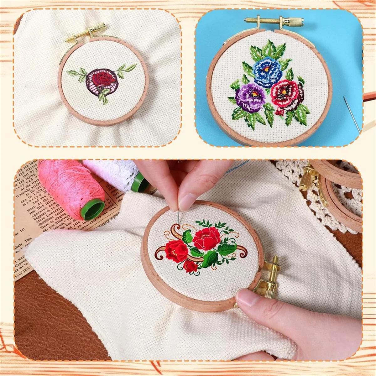Embroidery Hoop Set 6-Piece - Wooden Cross Stitch Frame Multiple Sizes Needlework Holding Tools