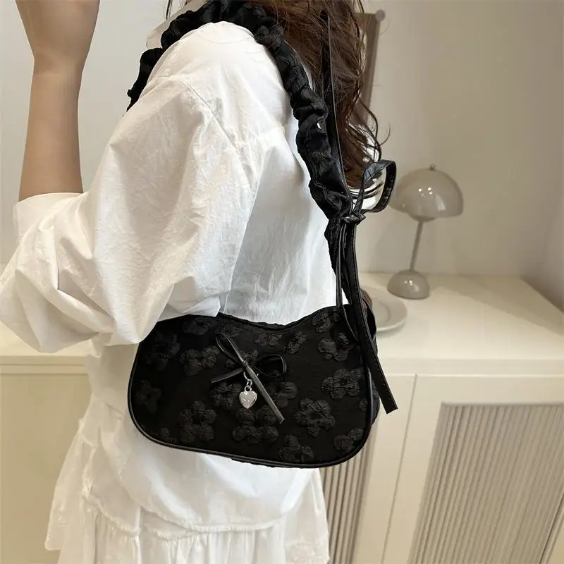 

Girls Sweet Handbag Fashion Pleated Crescent Bow Floral Print Womens Crossbody Upscale Commuter Bag