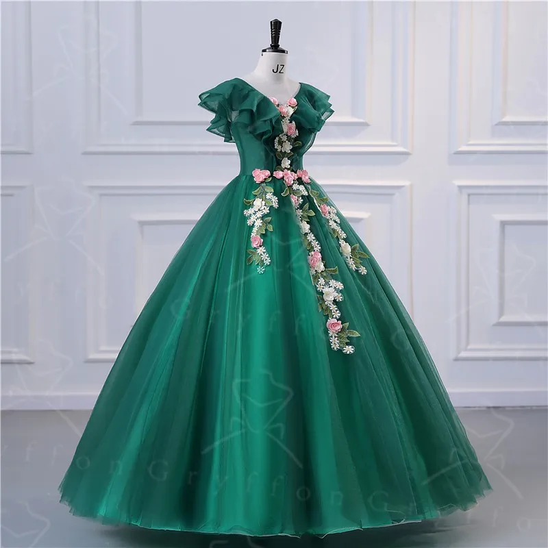 หวาน Vestidos สีเขียว Quinceanera ชุดคลาสสิกชุดเดรสปาร์ตี้ Elegant V คอชุดไปงานเต้นรำหรูหราพรหมชุด Plus Size Robe De Bal