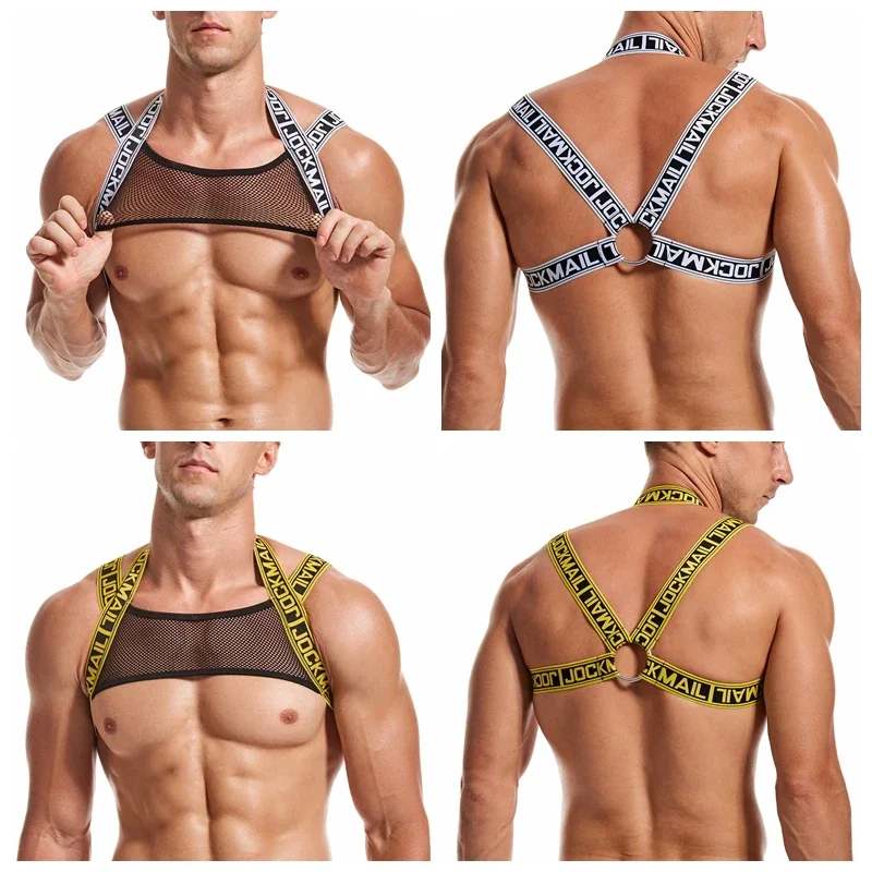 JOCKMAIL list uprząż mężczyźni Sexy paski na ramionach pierś Bondage mięśni Halter pas klub Party Hollow kostium gejów Bodysuite