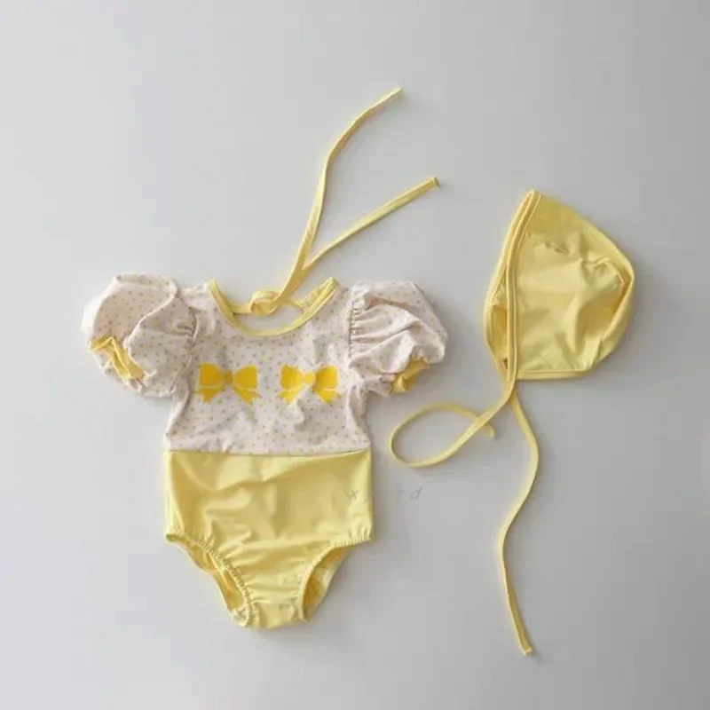 New 2023 Infantil Baby Swimsuit 1-2years Girls Swimsuit One Piece Yellow Bow Tie Swimwear For 0-2years Baby Bathing Suit