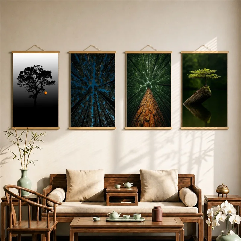 Zen Pine Tree Landscape Canvas Wall Art Hanging Scroll Japanese Meditation Print with Wooden Rods for Living Room Decor