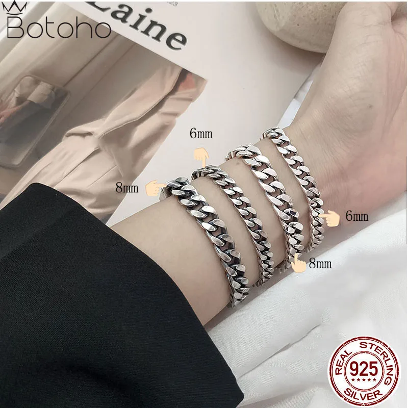 

Real S925 Solid Pure Silver Curb Link Bracelet Clasp Buckle Heavy Fashion Punk Bangle Chain Vintage Jewelry Gift for Men 16-20cm