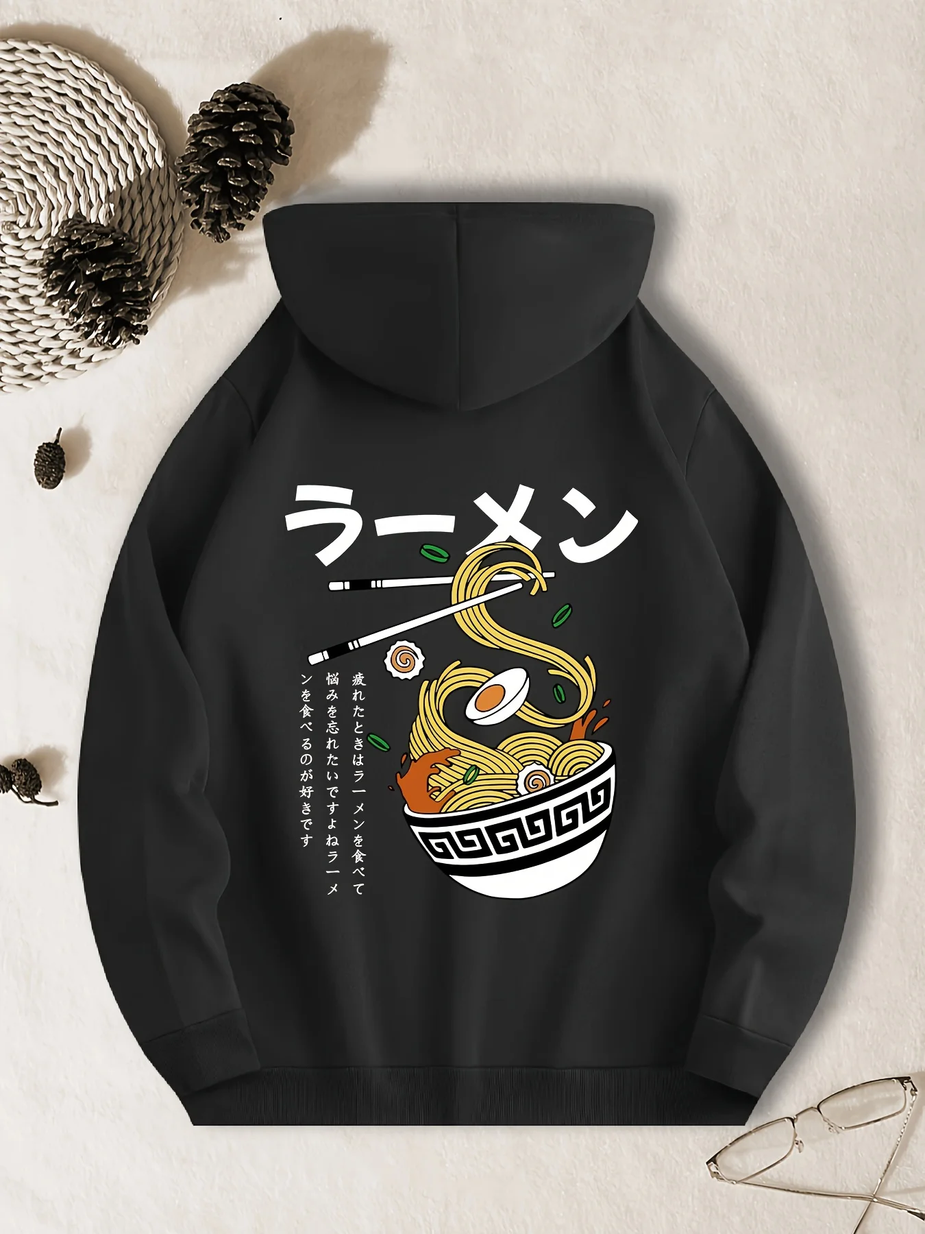 Japanese-style delicious men's hooded instant noodles-themed cartoon-patterned kangaroo pocket hooded pullover cap