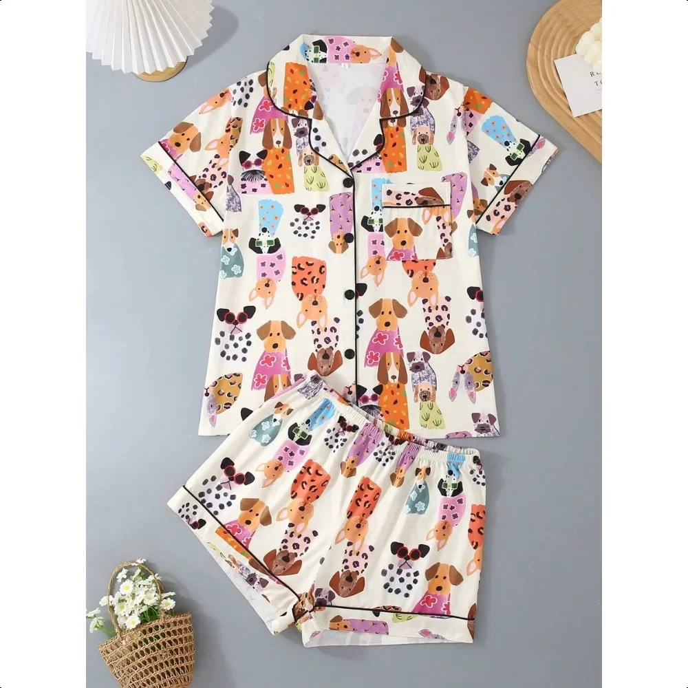 

Cartoon Dog 2Pcs Pajama Set, Polo Collar Button Top & Shorts, Breathable Casual Loungewear for Women