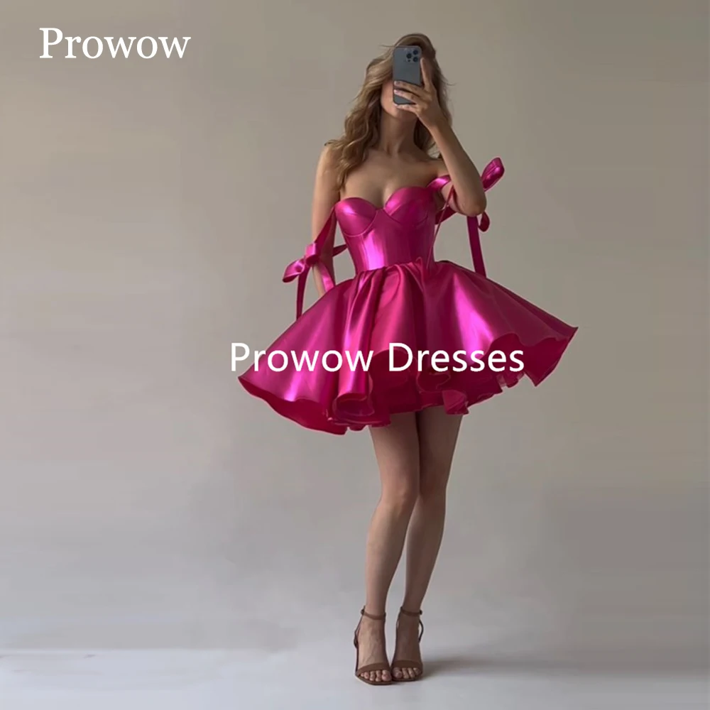 Prowow A-Line Puffy Short Prom Cocktail Dresses Sweetheart Mini Homecoming Dress Holiday Graduation Sleeveless Satin Customized