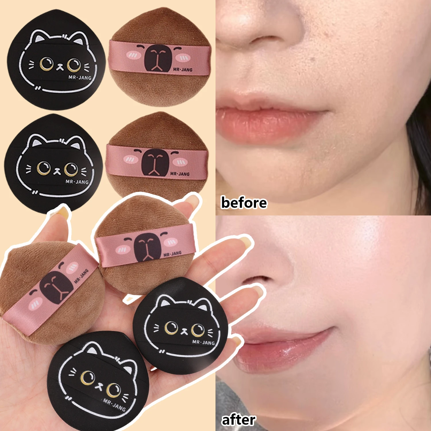 10 Uds. Cojín de aire de doble cara de dibujos animados, esponja para polvos sueltos, base cosmética, esponja para herramientas de maquillaje amigable con la piel seca y húmeda