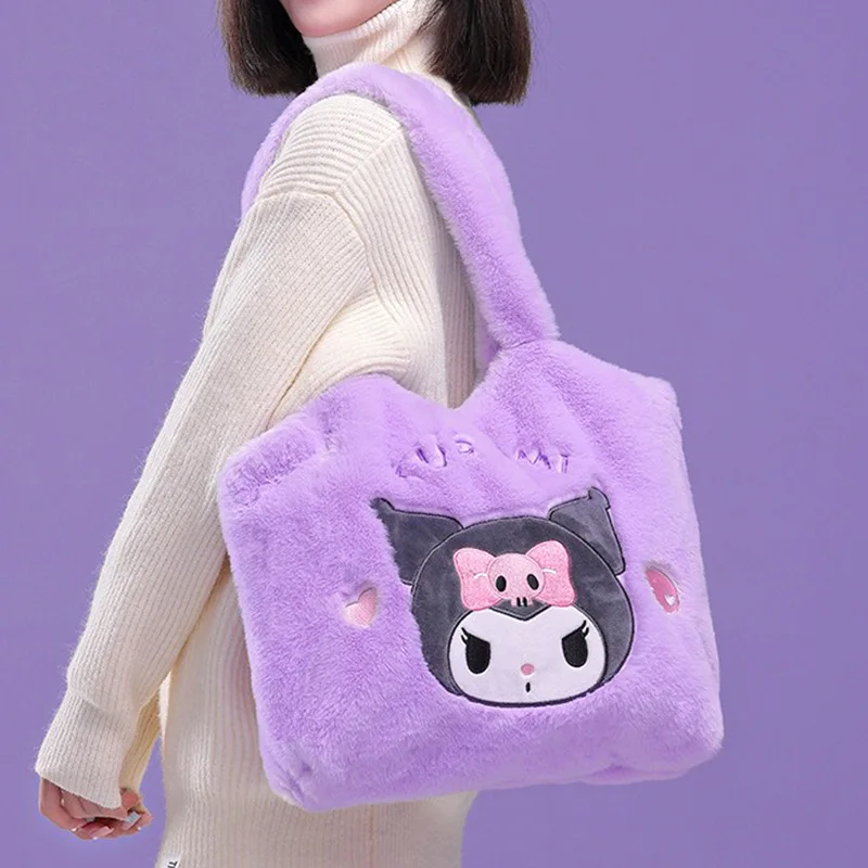 Sanrio Cinnamoroll Plush กระเป๋าสะพาย Kuromi กระเป๋าถืออะนิเมะฤดูใบไม้ร่วงและฤดูหนาวขนาดใหญ่ความจุ Soft Kawaii Shoppingbag สาวของขวัญ