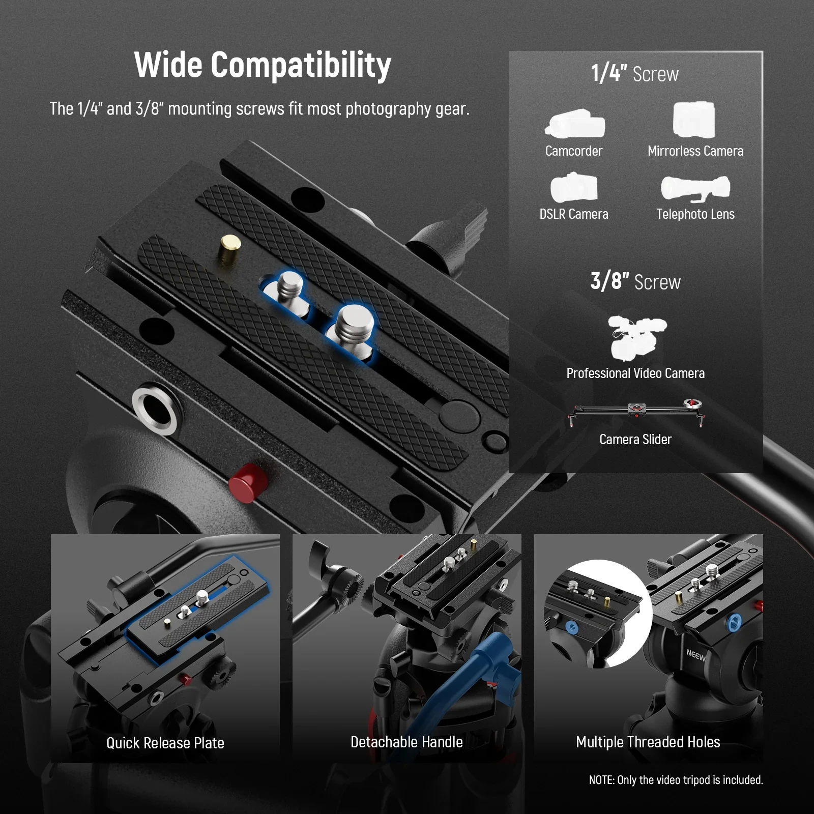 NEEWER BASICS 74" Video Tripod with Fluid Head Metal Camera Tripod with Smooth Friction Damping Compatible with Manfrotto 501