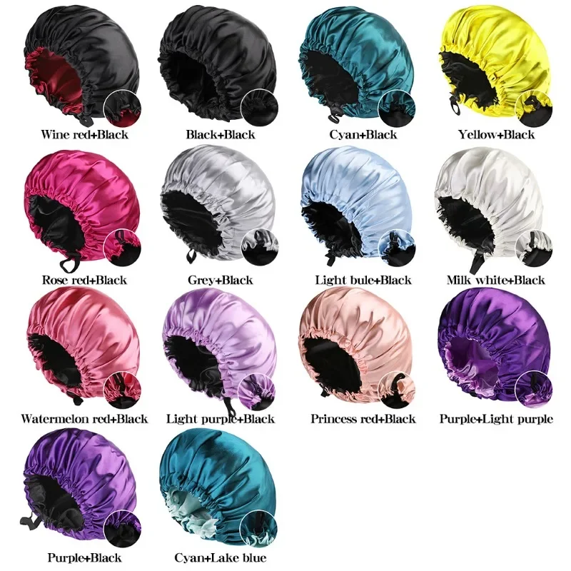 Adjustable Satin Bonnet for Women Nightcap Double Layer Round Shower Caps Night Sleep Polyester Hat Monochromatic Black Lining