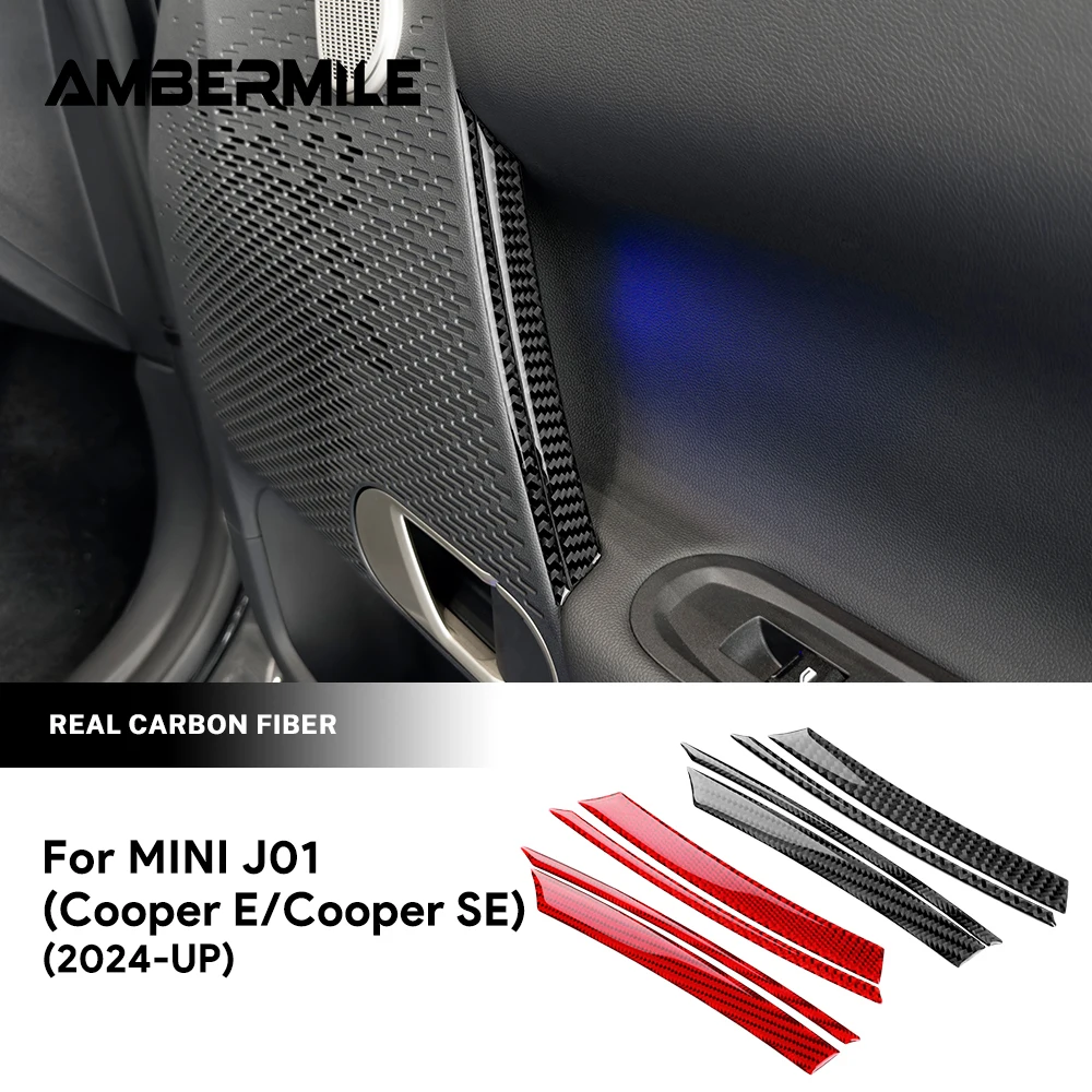 AMBERMILE for Mini Electric Cooper E SE J01 EV 2024 2025 Door Speaker Audio Side Sticker Interior Trim Real Soft Carbon Fiber