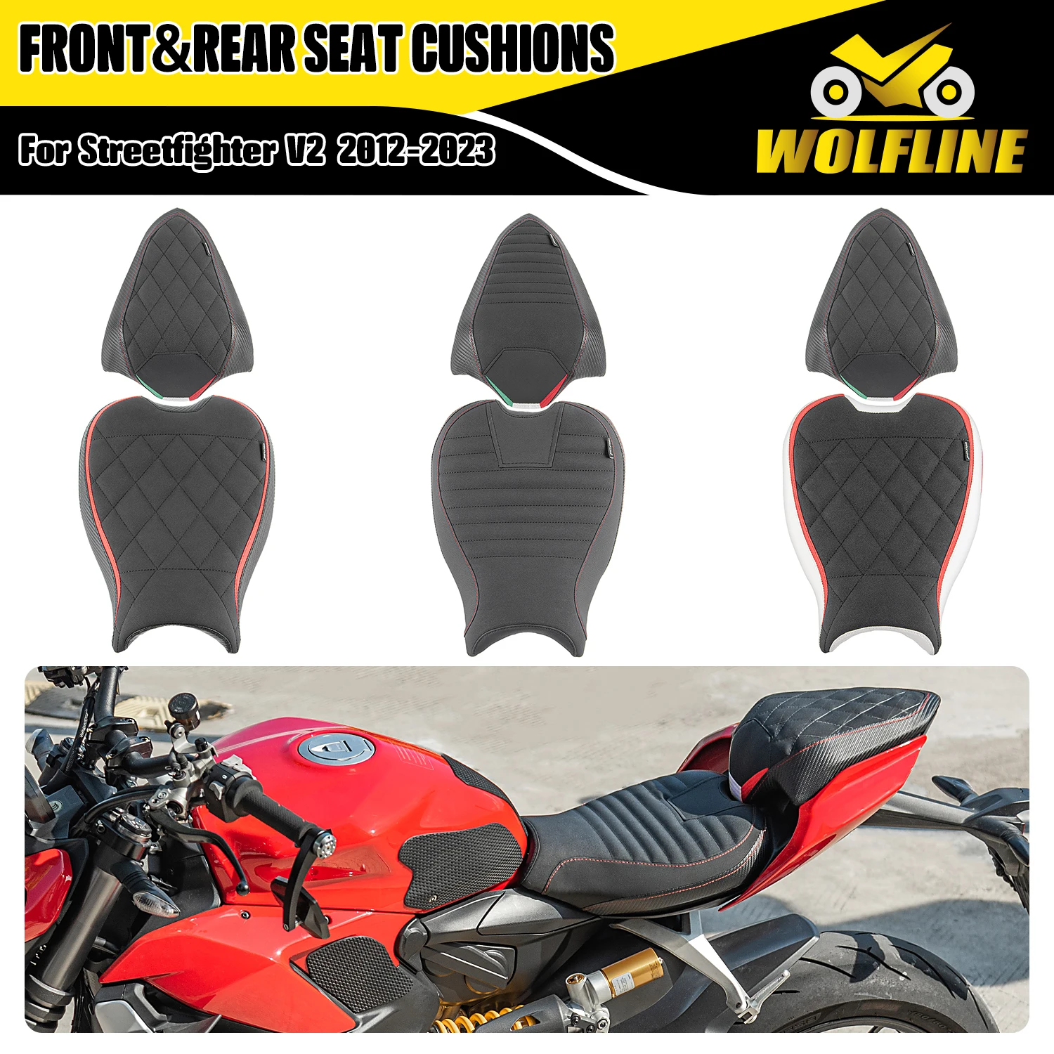 WOLFLINE Rider Passenger Seat Pad Front Rear Saddle Cushion for Ducati Streetfighter V2 2022 2023