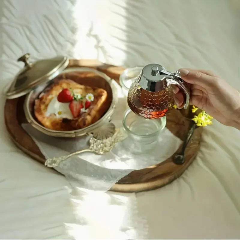 Leak-Proof Honey Dispenser with Rack for Syrup, Sauces, Seasonings - Durable, Easy to Clean, Multi-Purpose Plastic Design for Ki