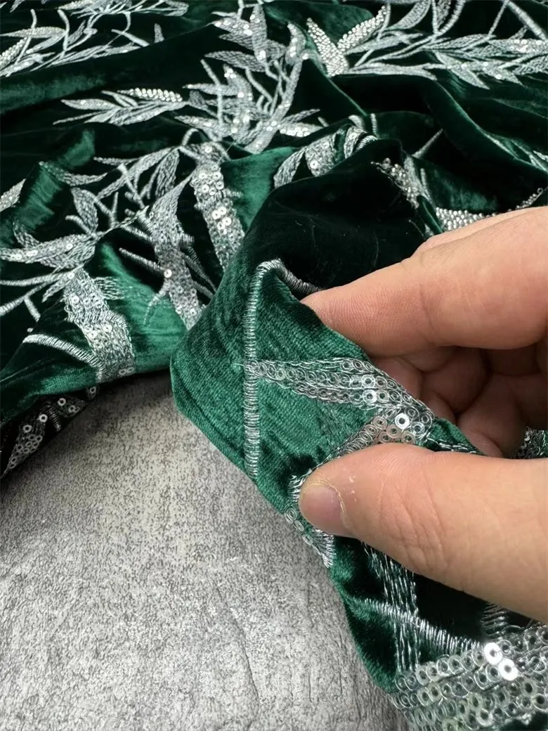 Autumn and Winter New Dark Green Bottom Bamboo Silk Velvet Machine Embroidery Fabric National Style Jacket Vest Fabric