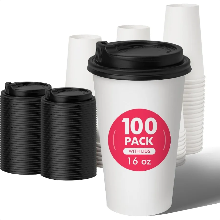 

16 oz 100 Pack Paper Coffee Cups with Lids Paper Cups with Lids Hot Cups for Home Office