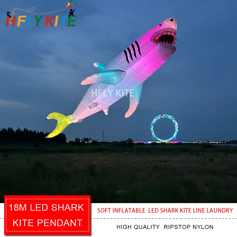HFLY Nieuwe Aanwinst Zachte Opblaasbare Reuze 18m LED Haai Vlieger Lijn Wasgoed voor Volwassenen Hoge Kwaliteit Nylon Nachtshow Vliegers Hangertje