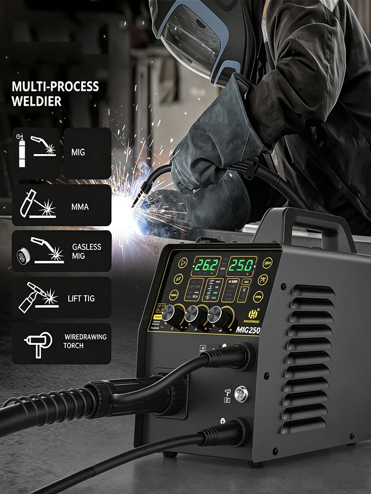HZXVOGEN MIG250 Aluminium-Schweißgerät 220V 6-in-1 ARC/MMA/Stick Gas/Gaslos MIG Lift TIG Unterstützt Spool Gun, großes LED-Display, IGBT-Inverter, Puls-MIG, Punktschweißen, Synergic-Tool für 2/10lb