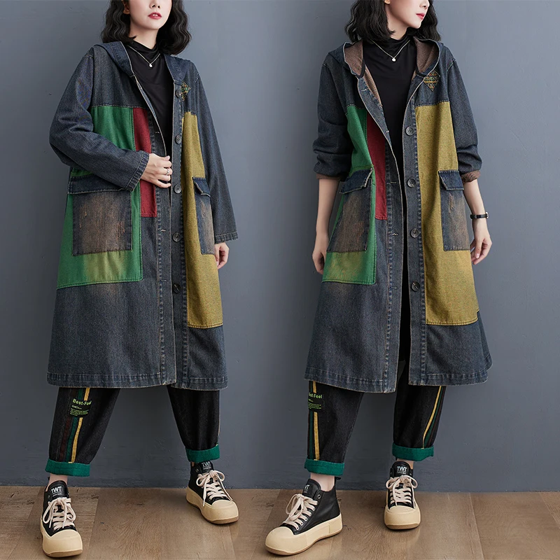 

Ретро джинсовая куртка-ветровка женская демисезонная, больших размеров, свободного кроя, удлиненная, с капюшоном, модная