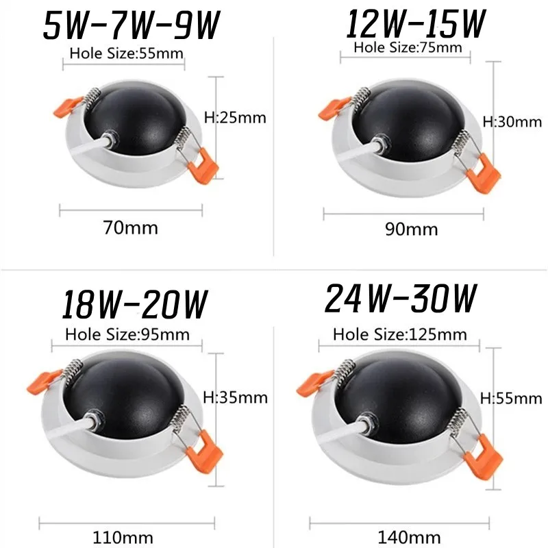 Faretto da incasso a LED dimmerabile di forma rotonda da incasso 5W 7 w9w 12W 15W 18W 20W 24W 360 ° faretto a chip COB con rotazione AC85-265V Home business