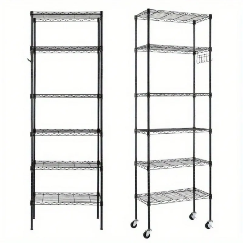 65" Adjustable Rolling Storage Shelf Rack 6-Tier Wire Unit with Hanging Hooks