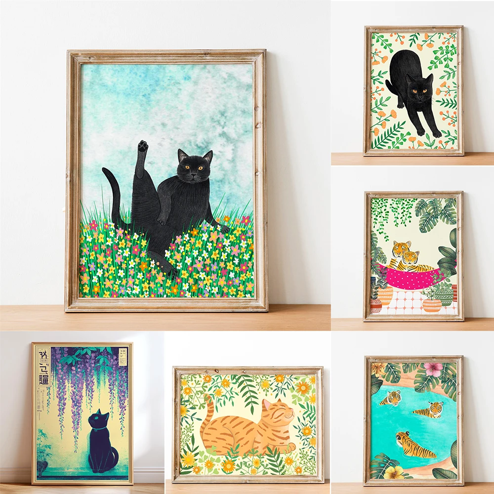 Tigers in Hammock Art Print Jungle Animal Illustration Art Poster Black Cat Wall Art Canvas Painting Stretching Kitten Art Decor