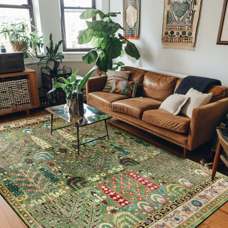 Retro American Persian Bohemian Ethnic Style Tree of Life Green Living Room Bedroom Anti Slip Carpet Floor Mat