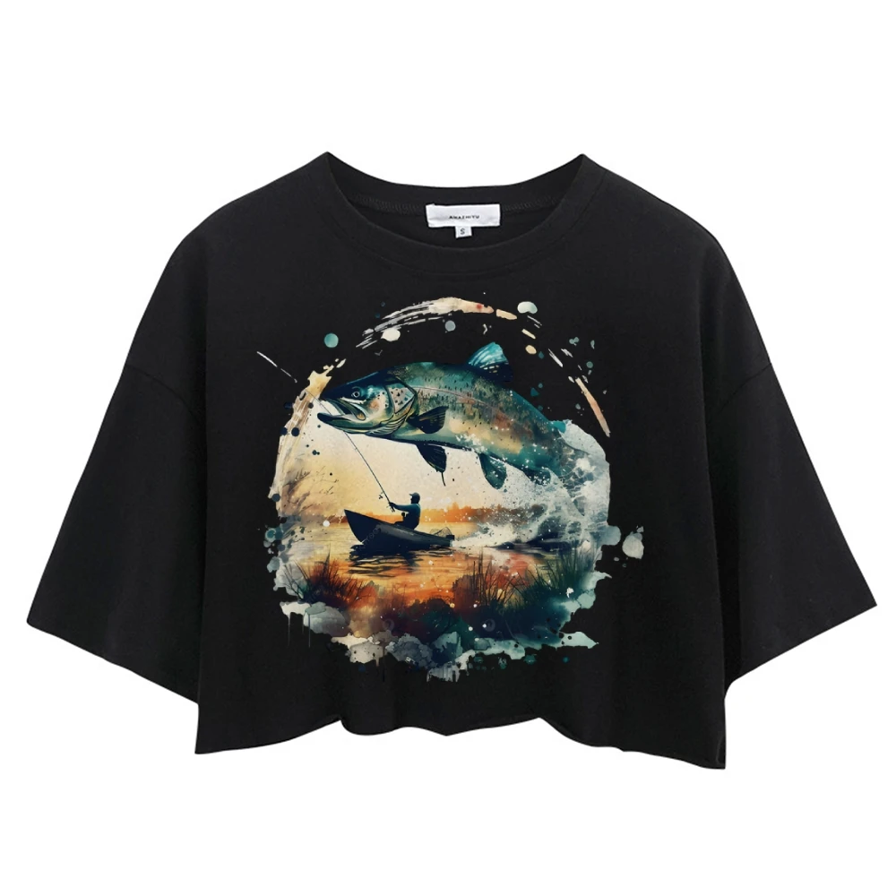 Trend, bijgesneden T-shirt, Y2K grafisch T-shirt, oversized dames T-shirt, schattige handgeschilderde vis, Koreaanse stijlkunst, zomer 2025, top