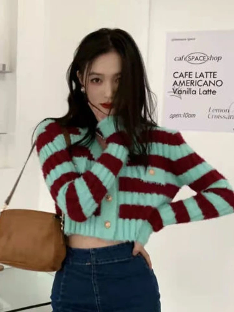 Striped Cardigan Women V-neck Cropped Sexy Lady All-match Casual Ins Trendy Korean Fashion Elegant Gentle Slim Кардиган Женский